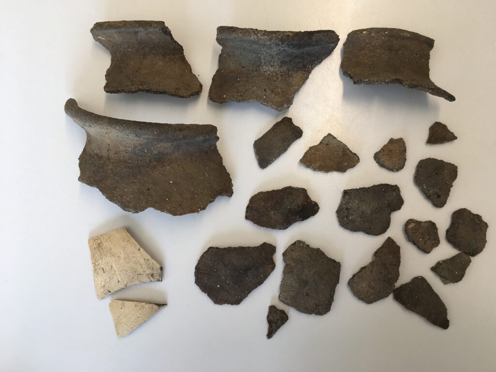 de scherven aardewerk die uit de put zijn verzameld zijn te dateren rond de twaalfde eeuw. De donkere scherven zijn afkomstig van kogelpotten.