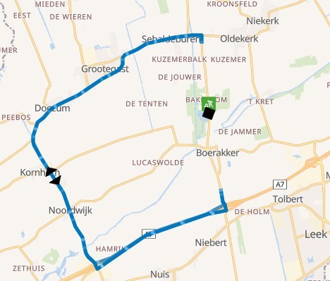 Omleidingskaart van de N388. De Blauwe lijn leidt verkeer vanaf de Boerakkerweg via de A7, naar de N980 richting Noordwijk, Kornhorn, Doezem, Grootegast en Sebaldeburen.