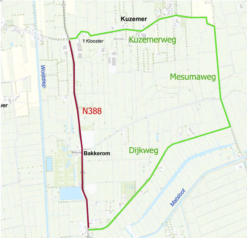 Een plattegrond van het gebied. In het groen staan de Dijkweg, Mesumaweg en Kezumerweg aangeven.