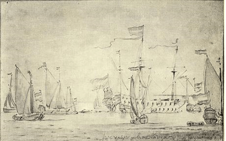 Een schets van Willem van de Velde van de vloot van De Ruyter